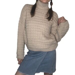 H&M Fisherman Sweater Oversized XS Cableknit Neutral Beige High Neck Preppy